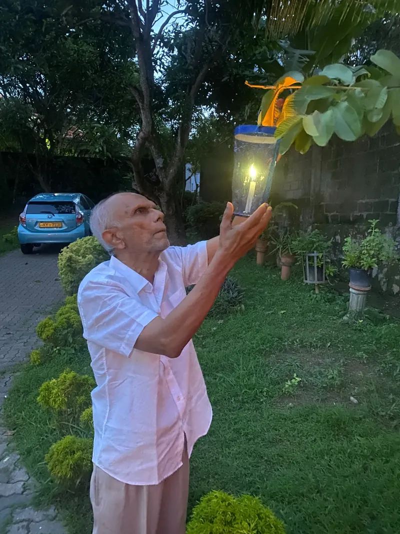 A resident reaches up to hang his lit lantern on a tree at dusk