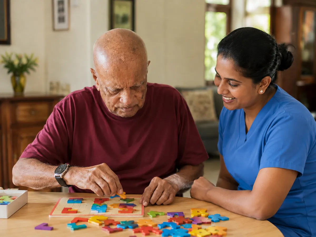 A caregiver and resident working on a cognitive puzzle together